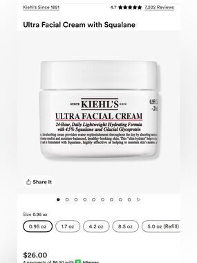 Kiehl's Ultra Facial Cream  - Lightweight Hydrating Moisturizer -0.95oz
